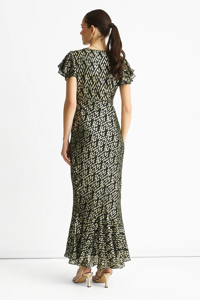 Gini London Gold Jacquard abito verde scuro sbieco oro
