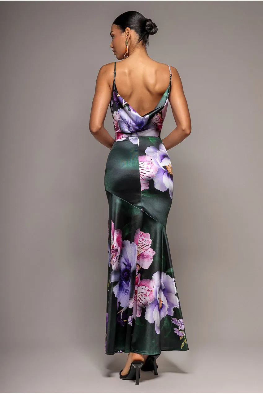 Goddiva abito maxi satin verde smeraldo floreale scollo