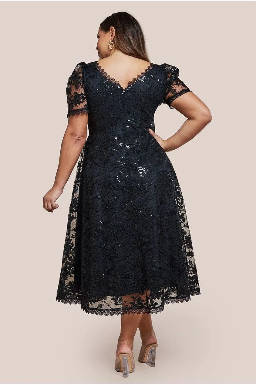 Goddiva Plus Sequin Lace abito midi nero pizzo