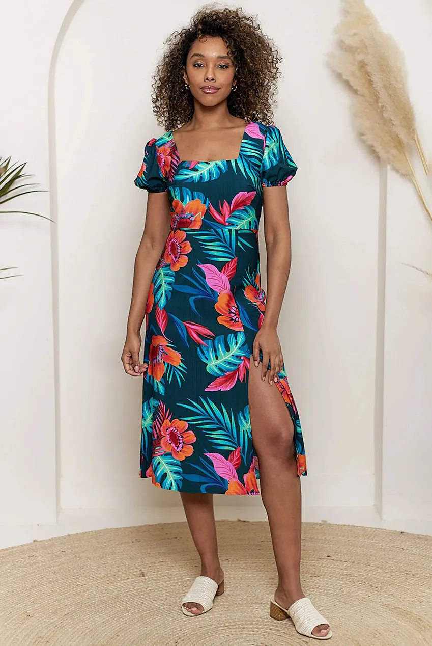 Angeleye Tropical abito midi fantasia multicolor