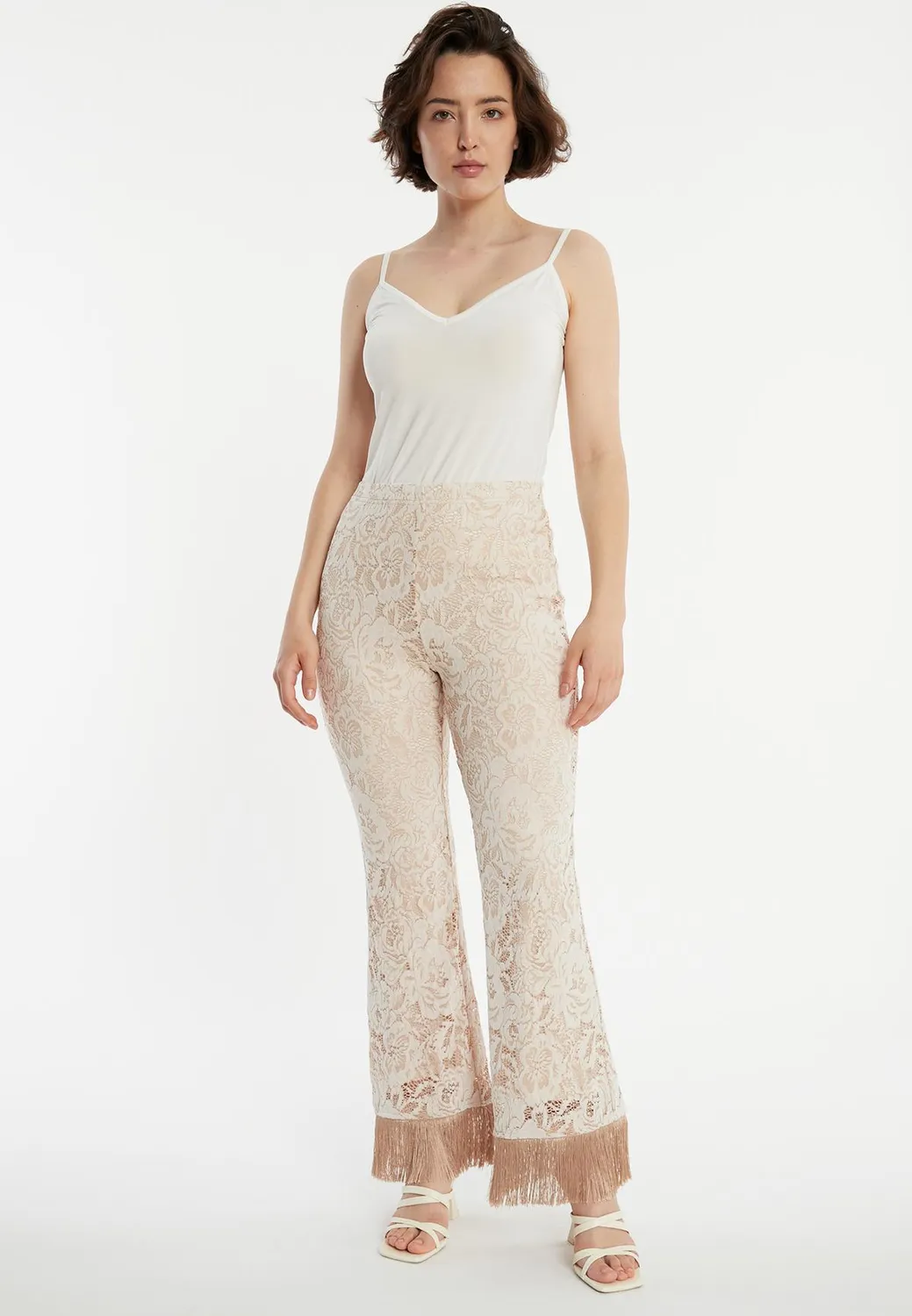 Ana Alcazar Zakira Pantaloni Pizzo Beige Zampa Frange