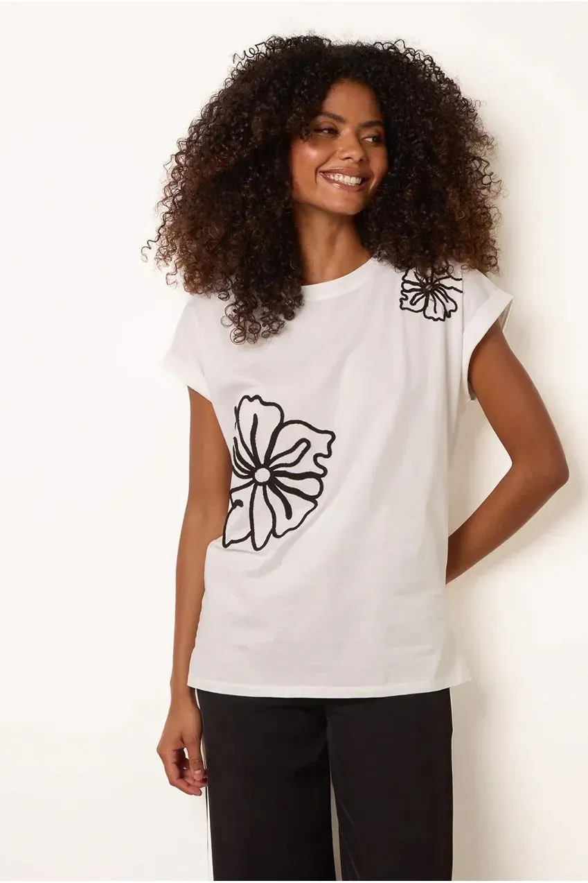Blue Vanilla t-shirt ricamo floreale avorio S/M