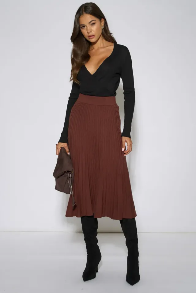 Gini London Pleat Detail gonna midi marrone maglia plisse