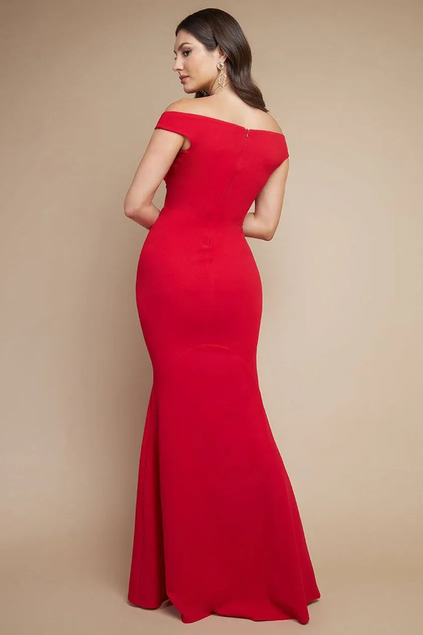 Goddiva DR3339 abito lungo scuba rosso spalle scoperte