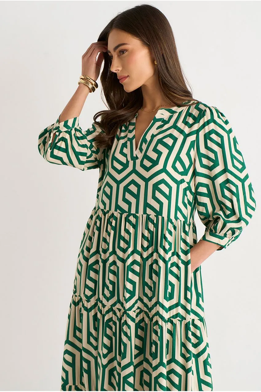 Gini London Geo Print abito midi verde smock maniche lunghe