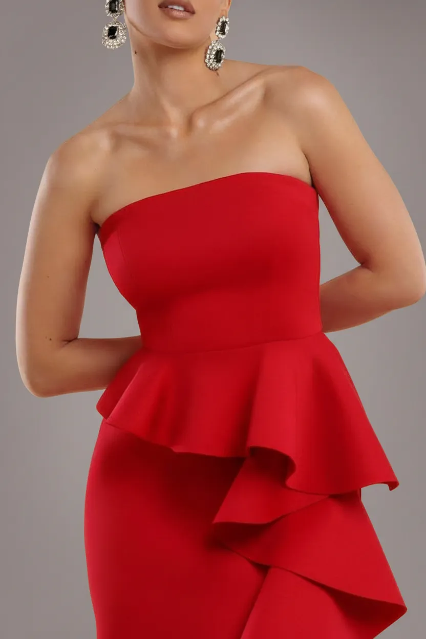 Goddiva Boobtube Peplum abito maxi rosso fascia
