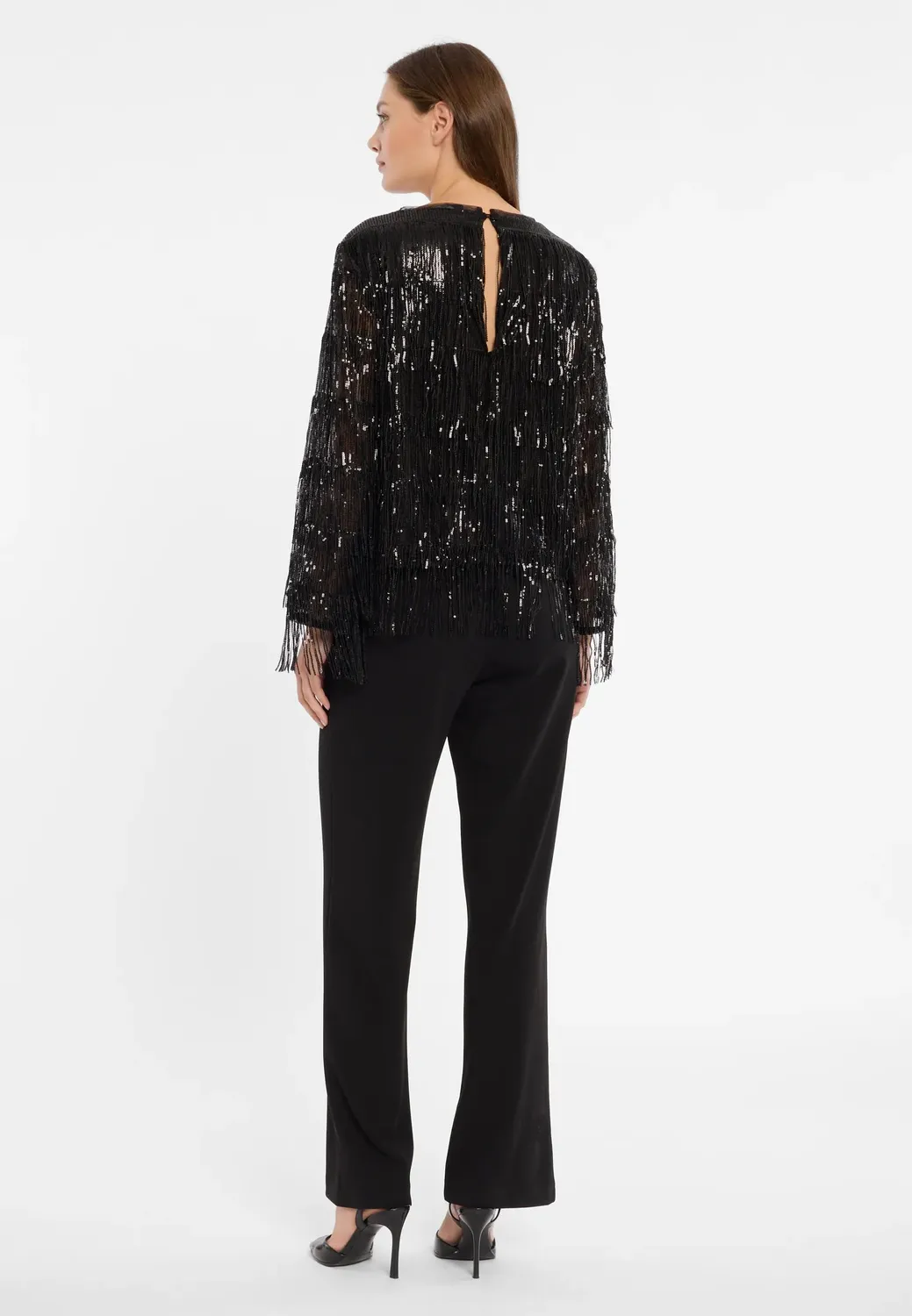 Ana Alcazar Cebala tuta nera frange paillettes