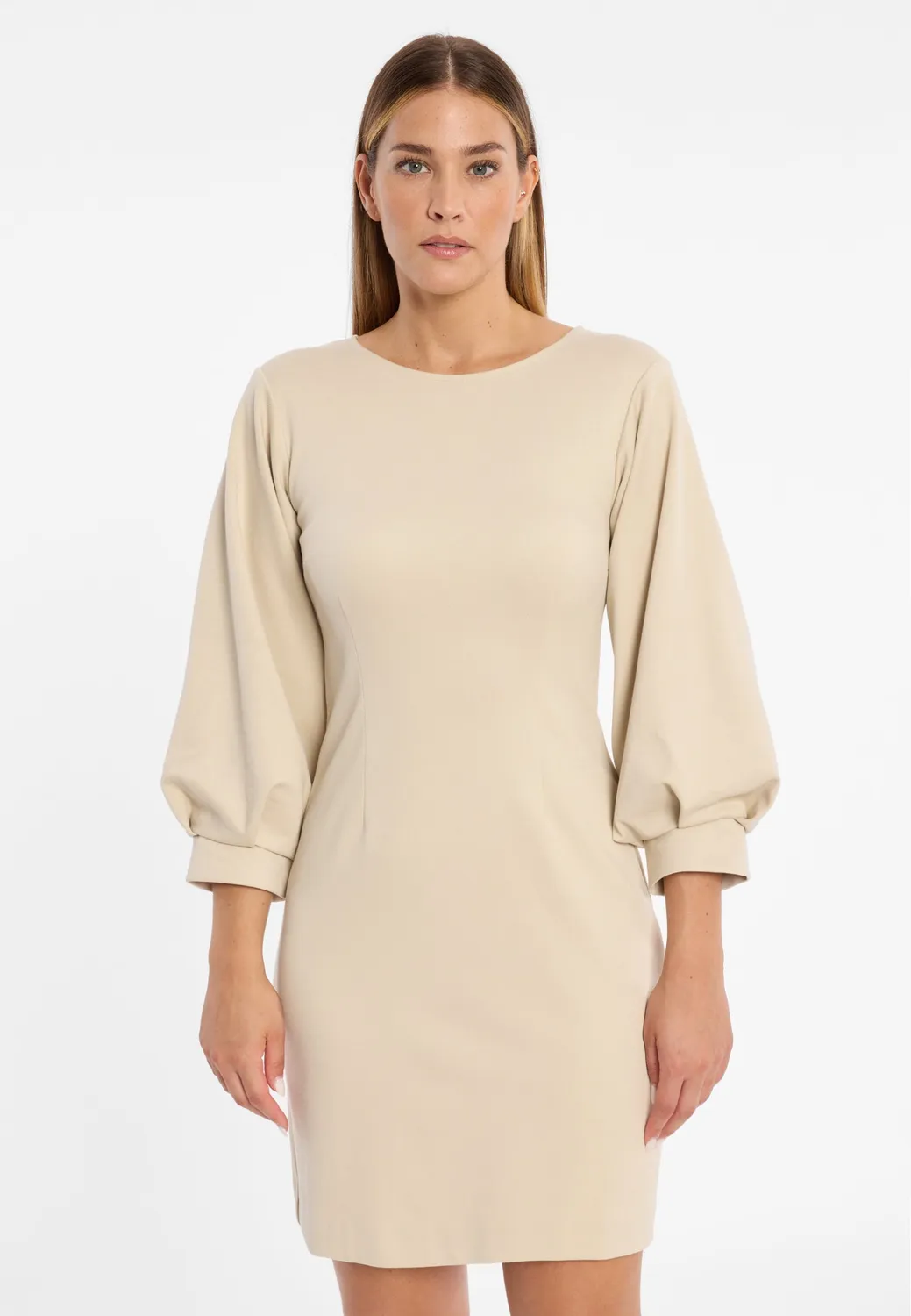 Ana Alcazar Ahali mini abito panna jersey maniche sbuffo