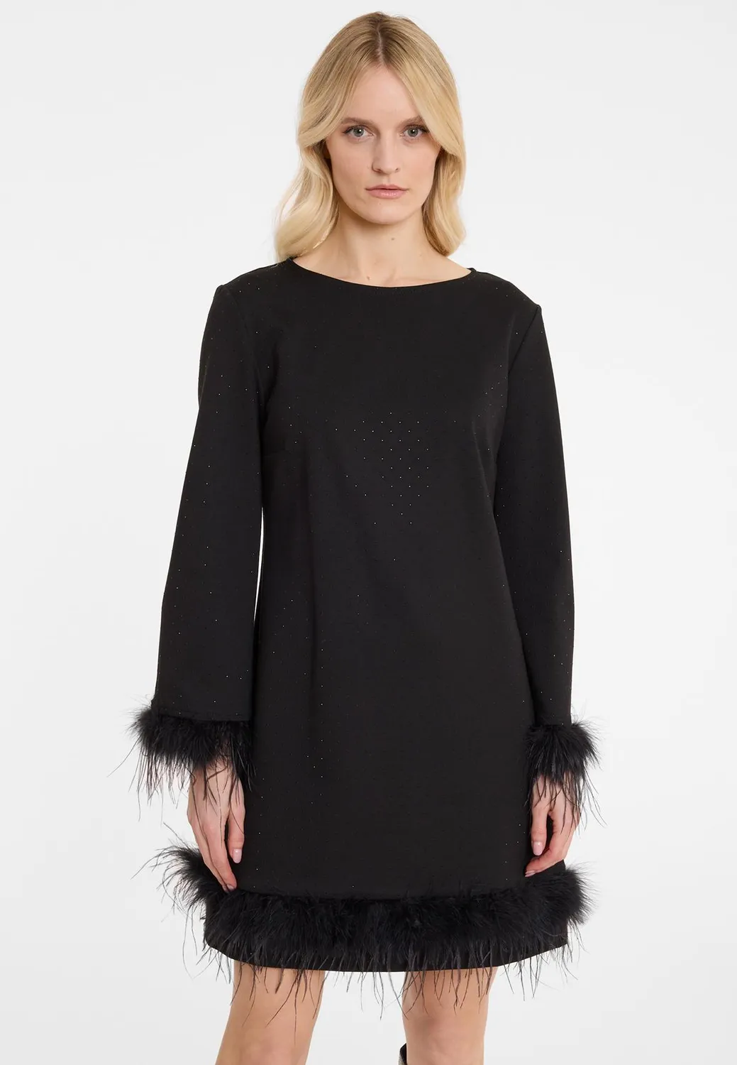 Ana Alcazar Aboa abito cocktail nero glitter piume