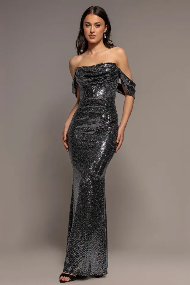 Goddiva Sequin Lurex Abito Maxi Bardot Nero Multi Paillettes