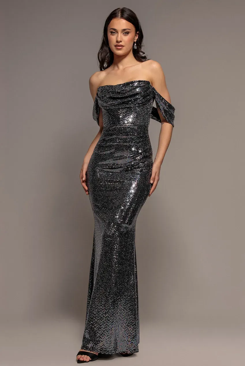 Goddiva Sequin Lurex Abito Maxi Bardot Nero Multi Paillettes
