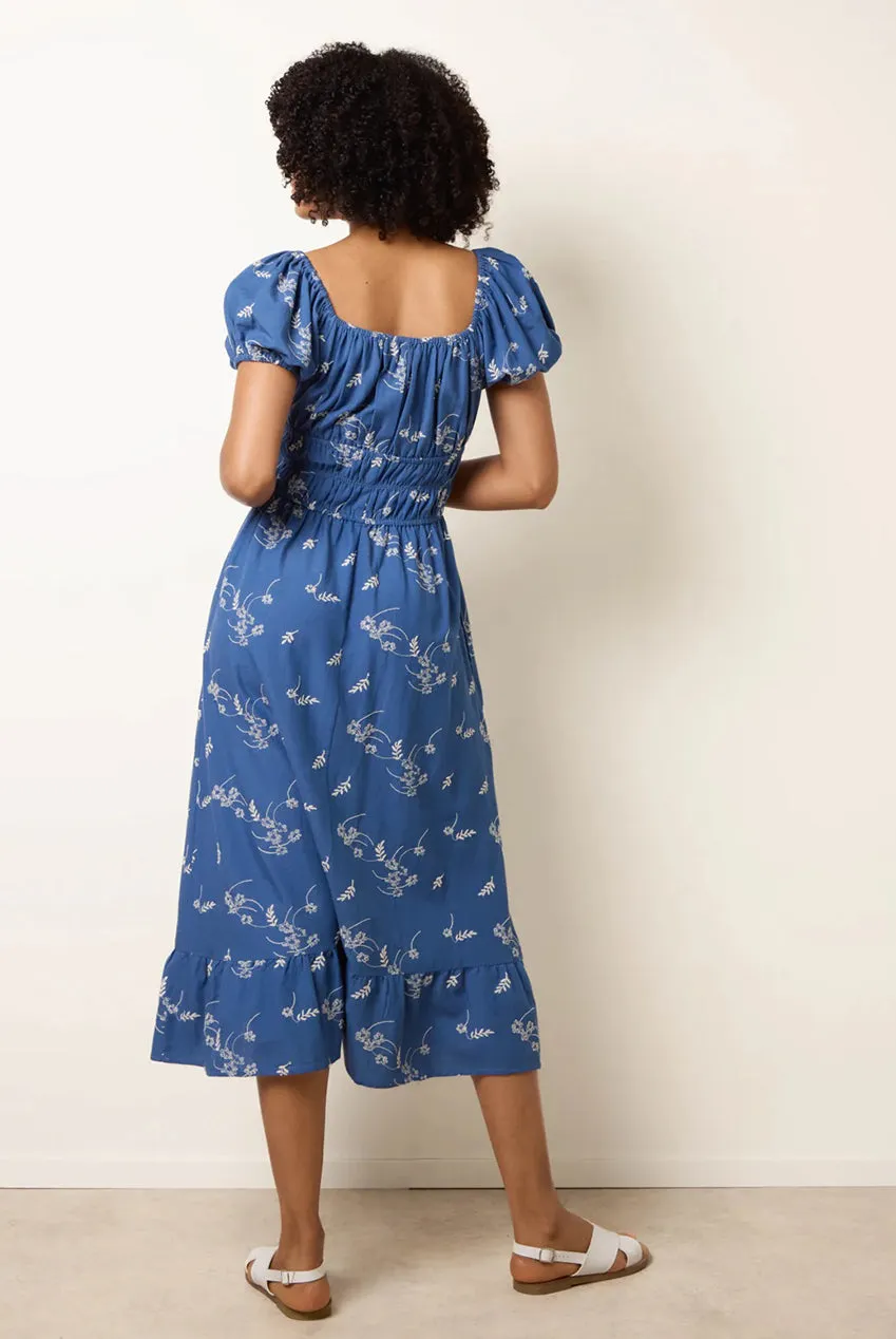 Blue Vanilla Milkmaid abito midi denim blu ricamato