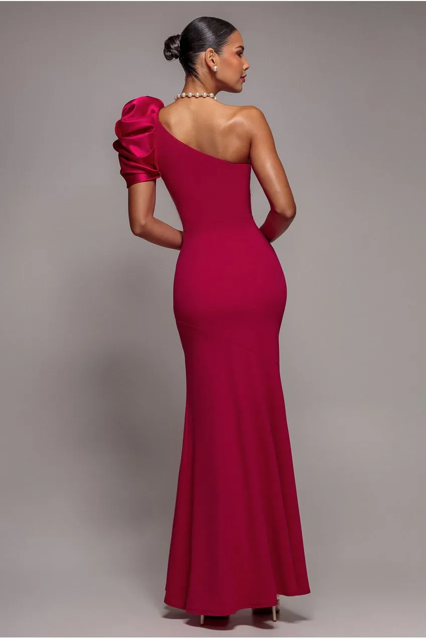 Goddiva abito sera magenta monospalla raso lungo