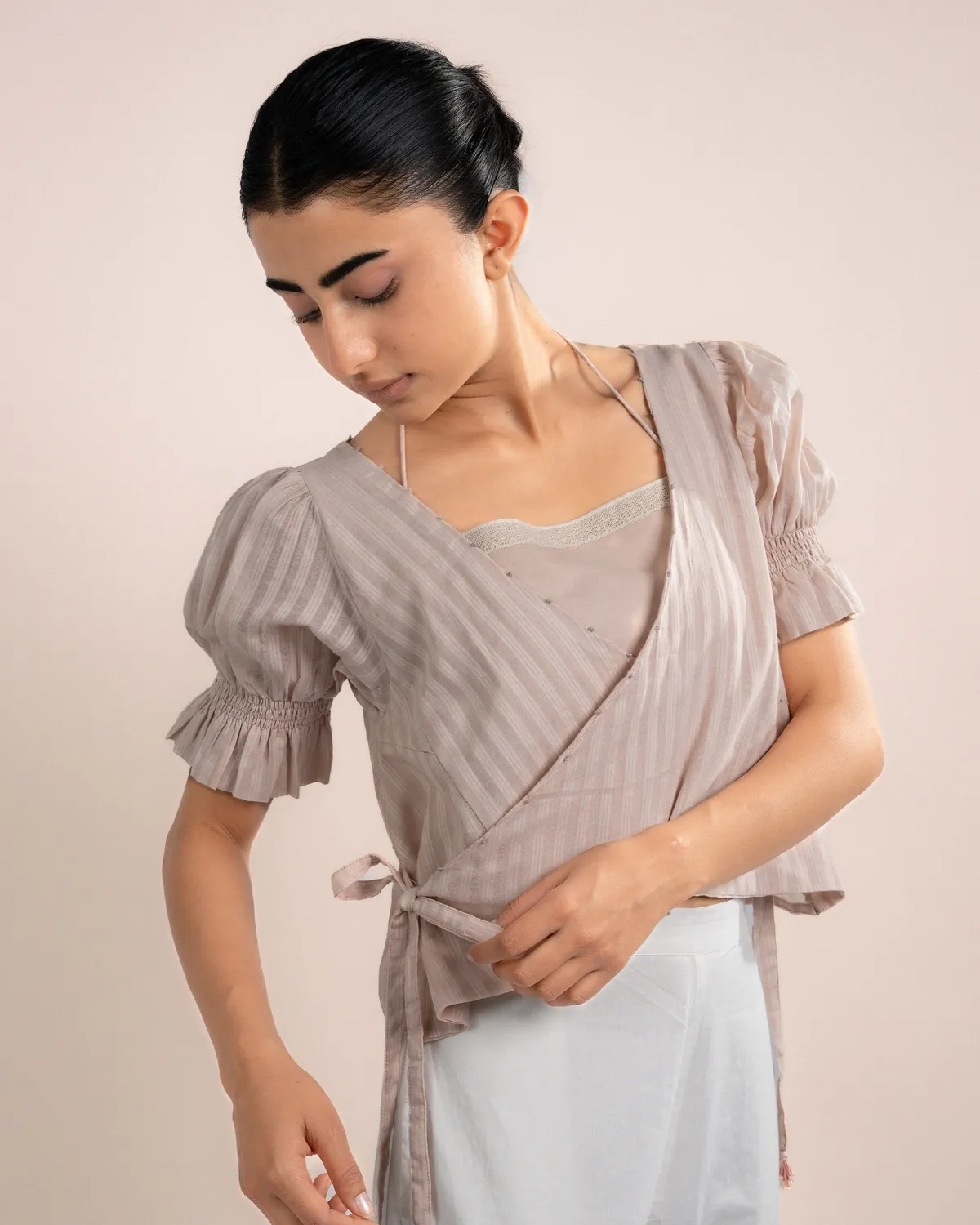 Our Dve Koi Top incrocio + tube top righe rosa cotone