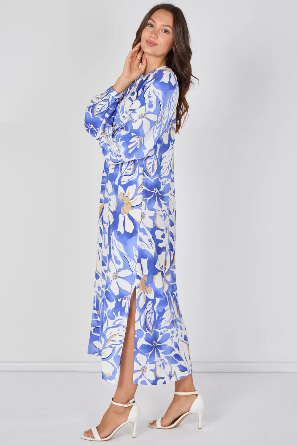 LOVE SUNSHINE Tropical Leaf abito maxi blu stampa foglie