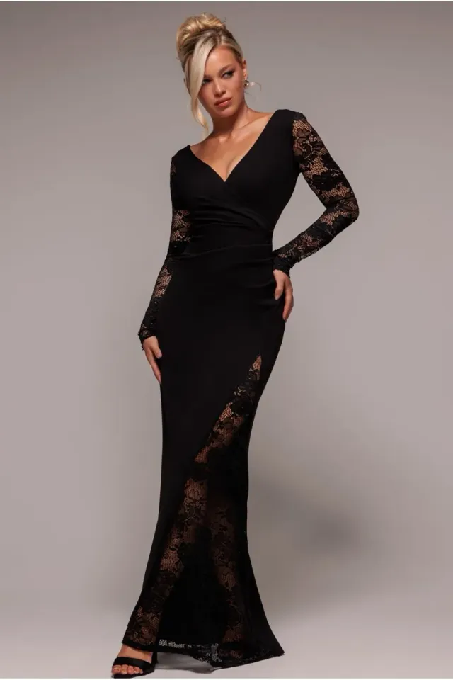 Goddiva Scuba Lace Wrap abito maxi nero pizzo DR4366