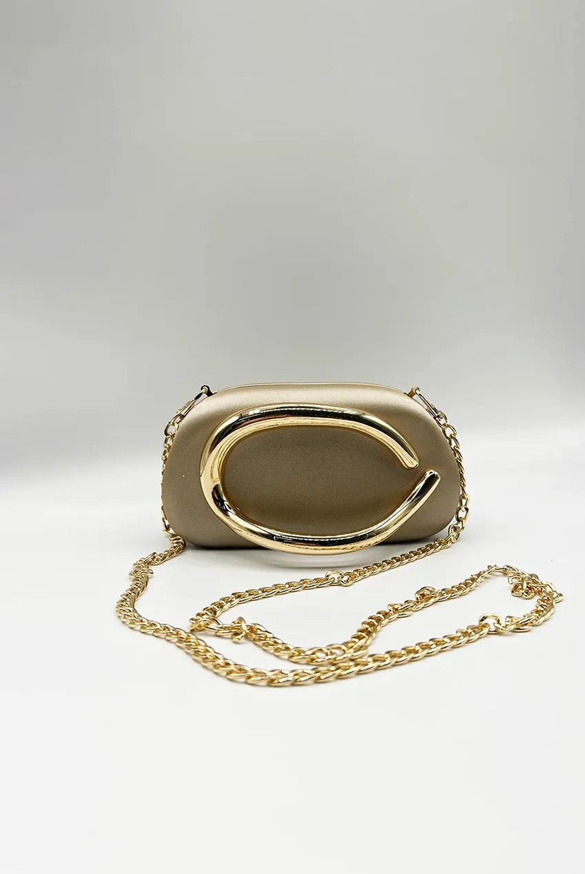 SVNX pochette clutch ovale oro satinata con catena