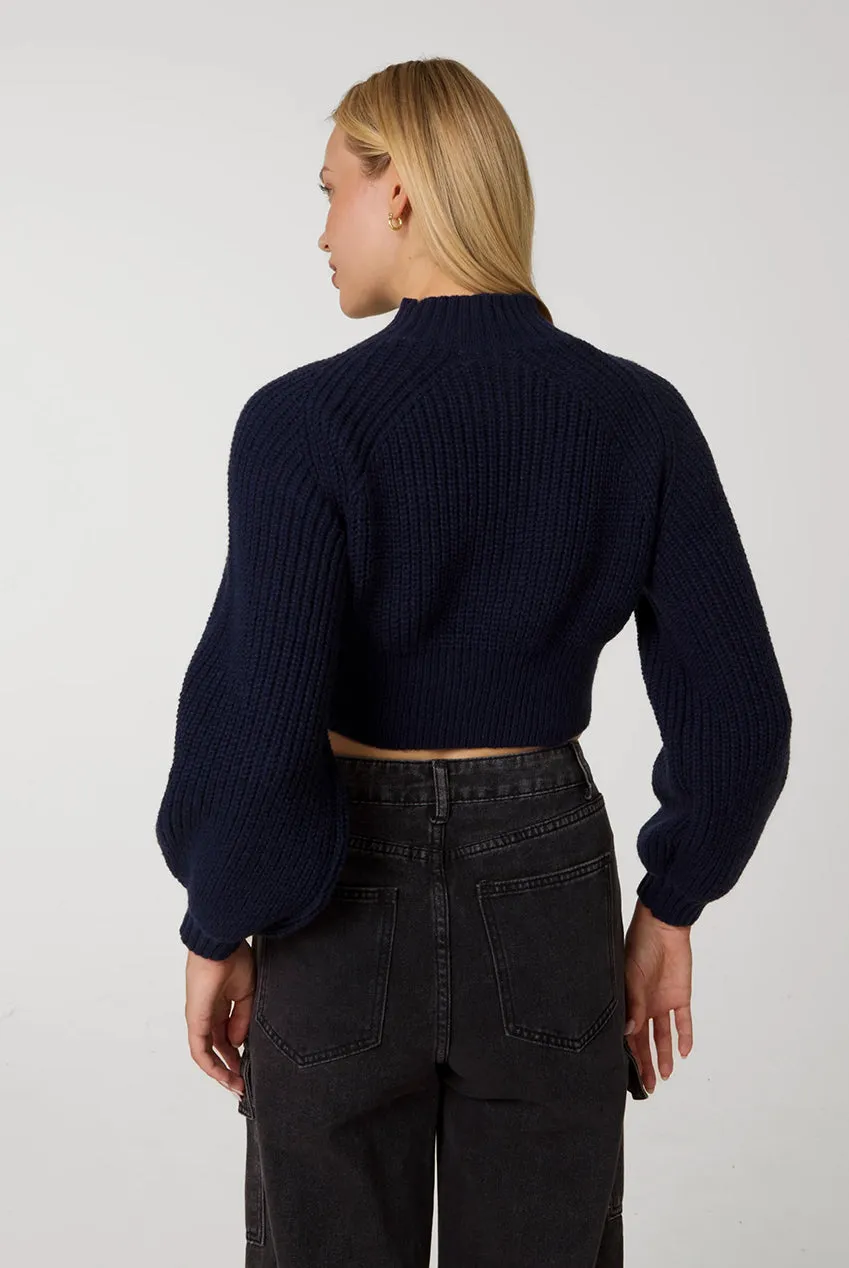 Pink Vanilla Knitted maglia crop navy collo alto manica lunga