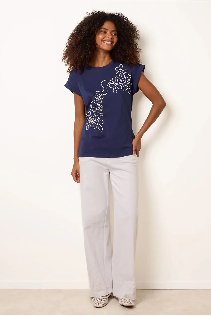 Blue Vanilla t-shirt ricamo floreale blu navy cotone