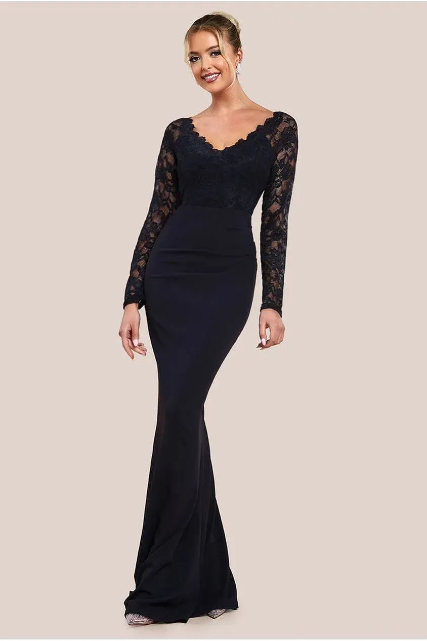 Goddiva Scalloped Lace Scuba abito maxi nero pizzo manica
