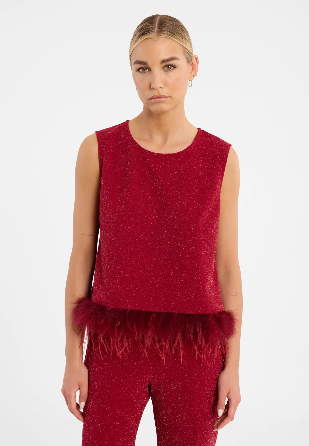 Ana Alcazar Cilly top lurex rosso con piume