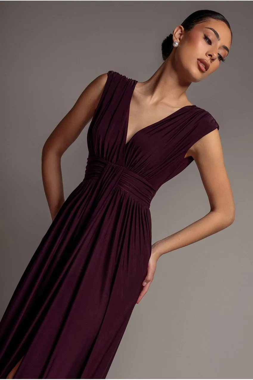 Goddiva Gathered Shoulder Wrap abito maxi bordeaux