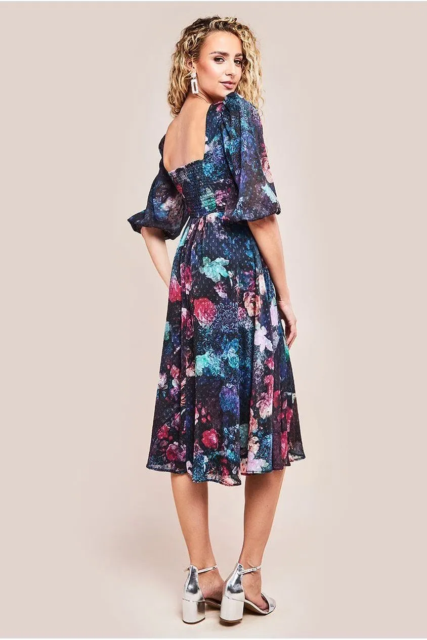 Goddiva DR4332 abito midi nero floreale maniche a sbuffo