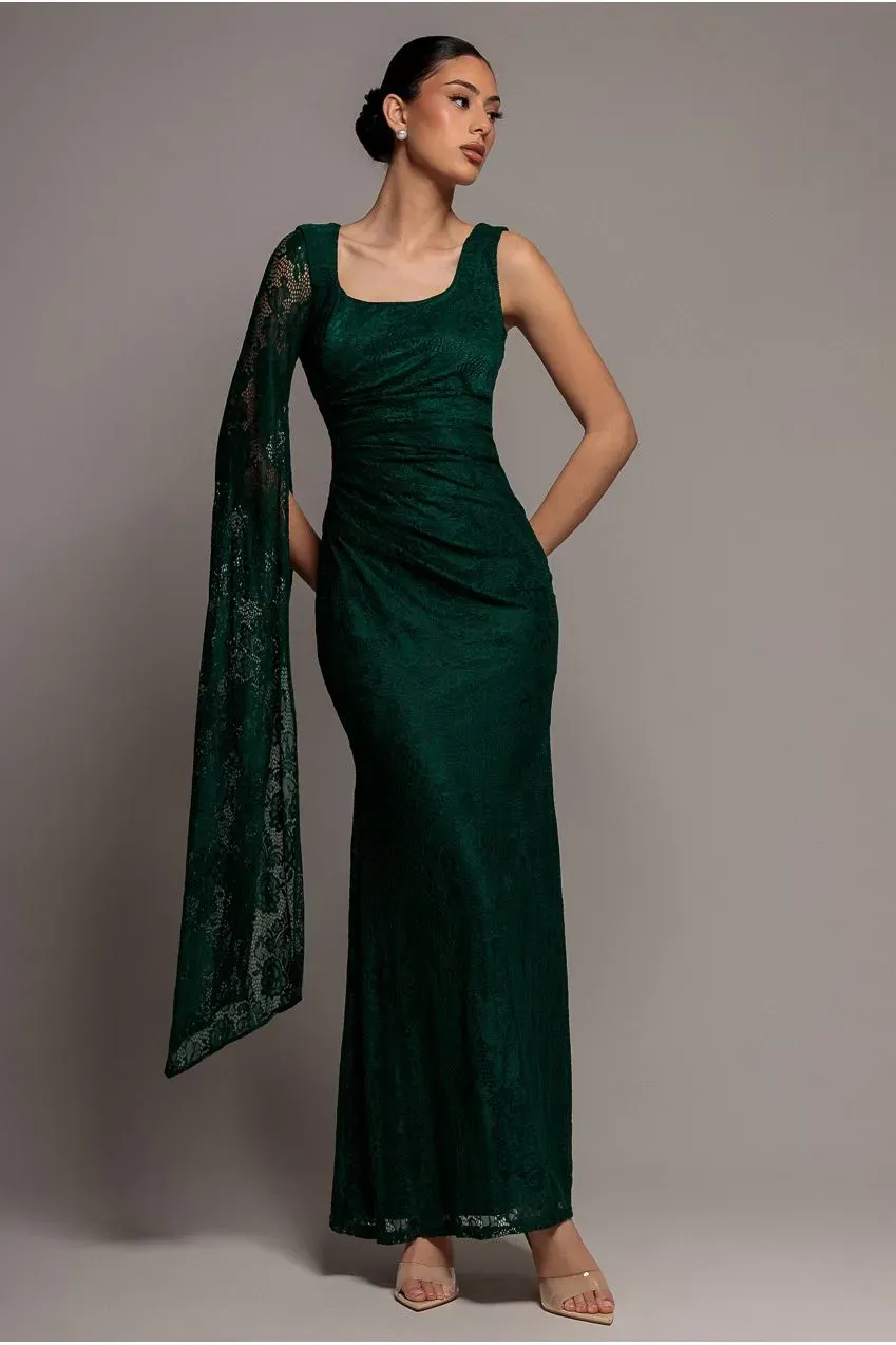 Goddiva One Shoulder Abito Pizzo Verde Smeraldo Mantella