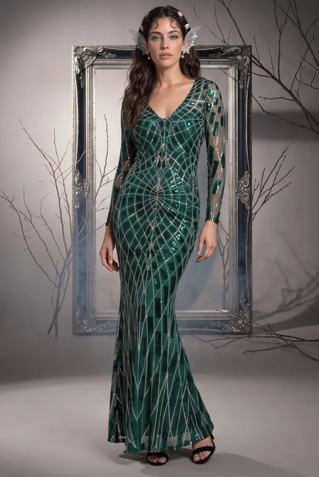 Goddiva Sirena abito maxi smeraldo paillettes