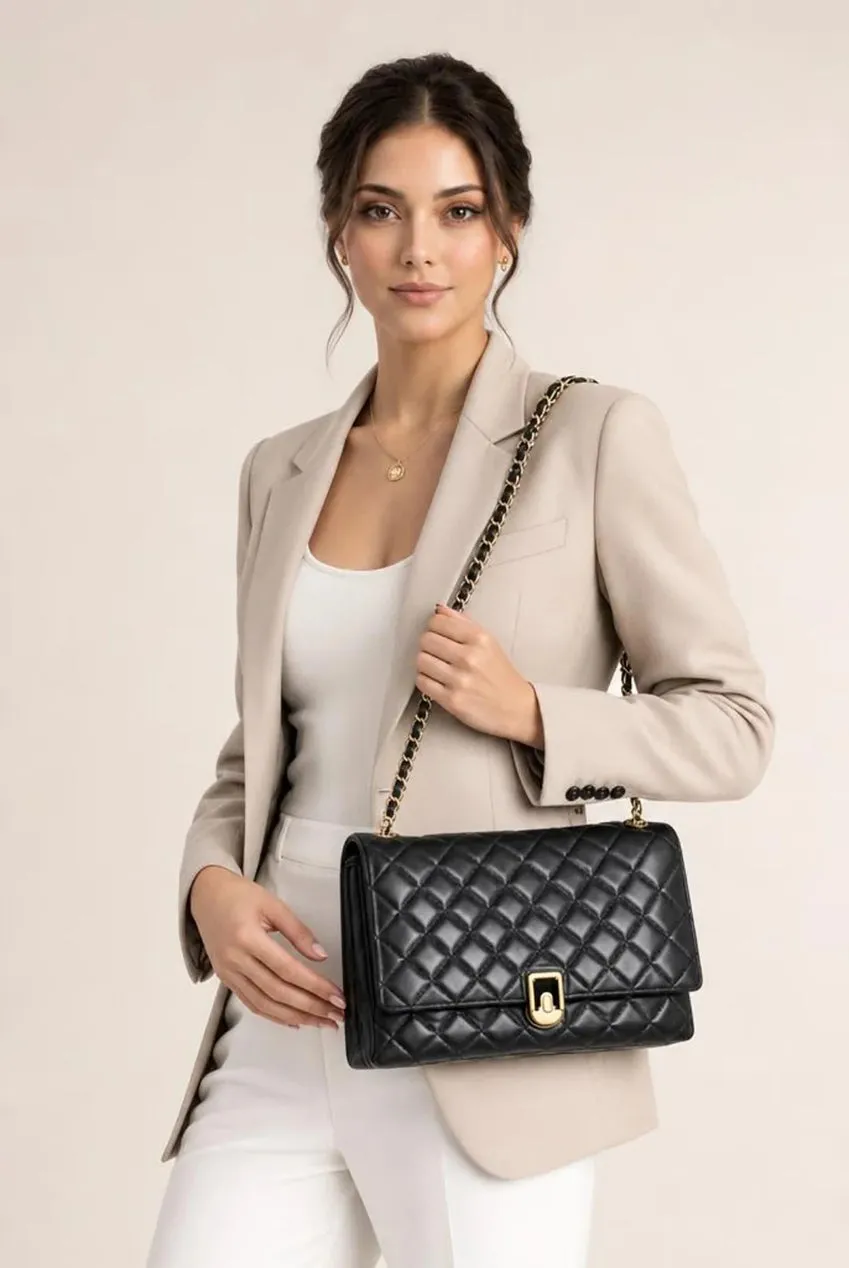SVNX Quilted borsa spalla nera tracolla catena