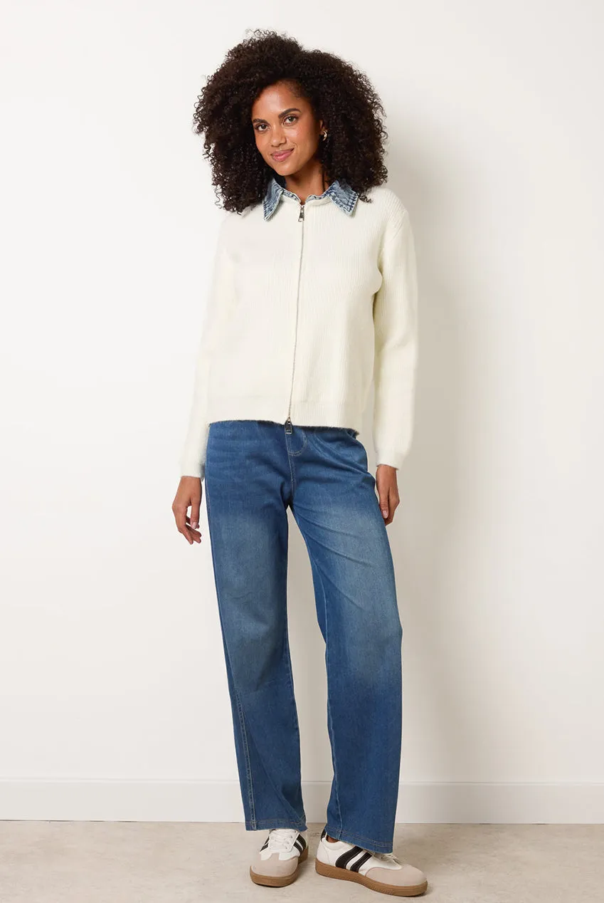 Blue Vanilla Cardigan Maglia Avorio Collo Denim Manica Lunga