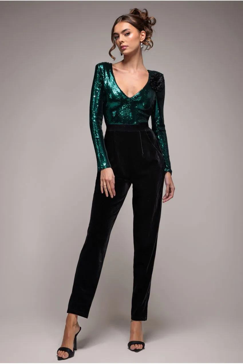 Goddiva Liquid Sequin Tuta Verde Smeraldo Scollo V