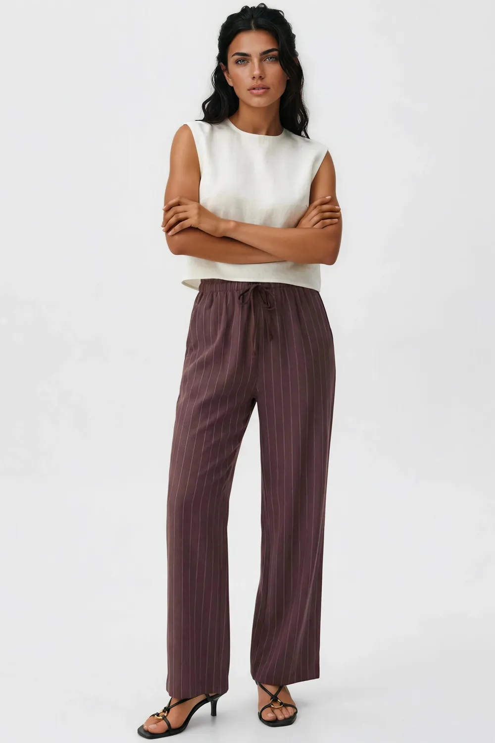 Aftershock London Pin Striped pantaloni lino cioccolato