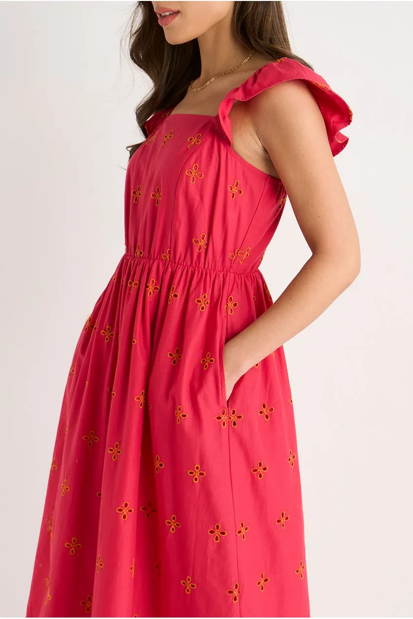 Gini London abito midi rosa sangallo maniche volant