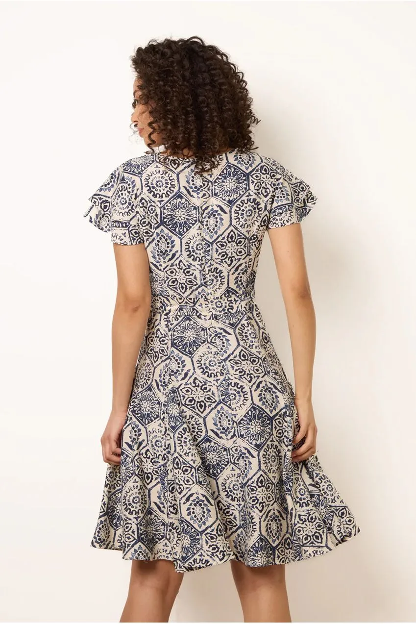 Blue Vanilla V Neck Godet abito mini blu navy fantasia