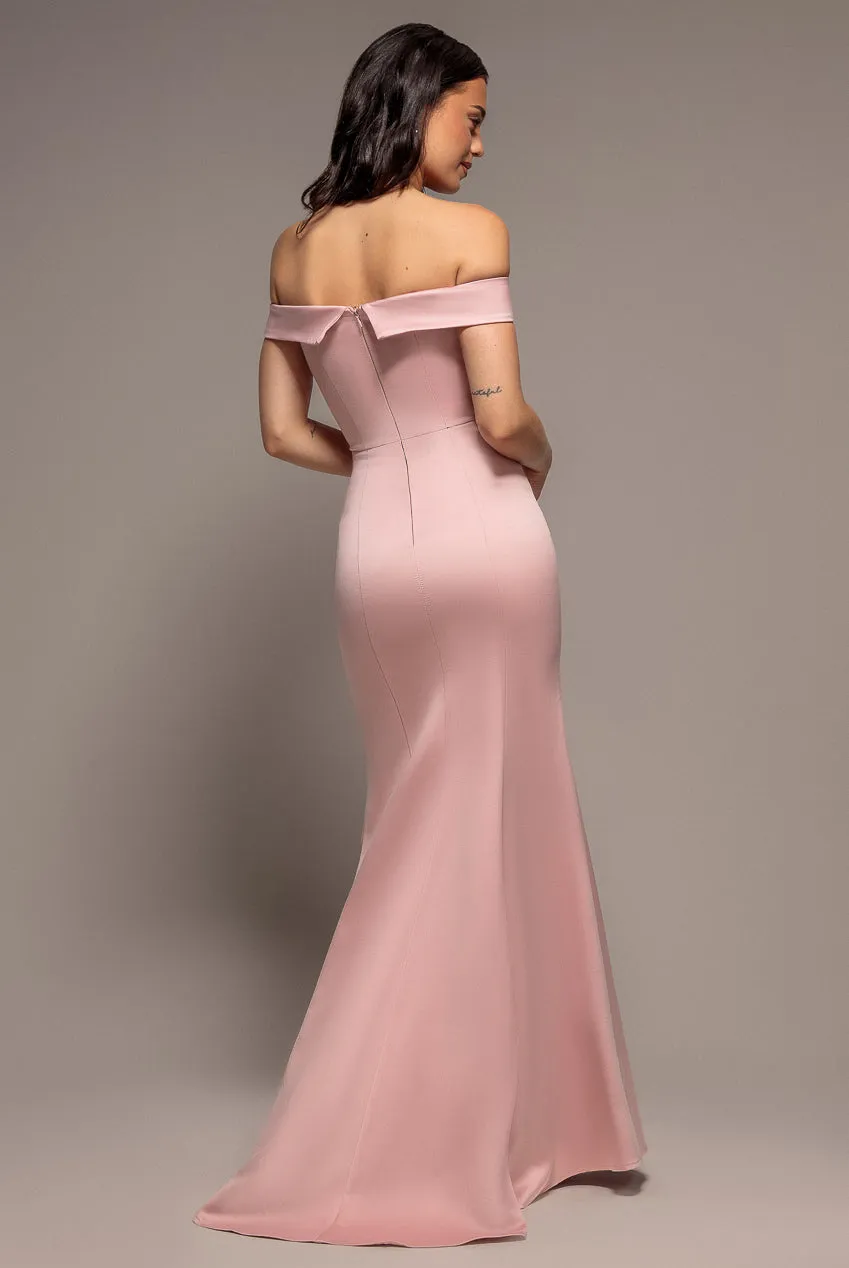 Goddiva Satin Bardot Bow abito maxi nude raso spacco