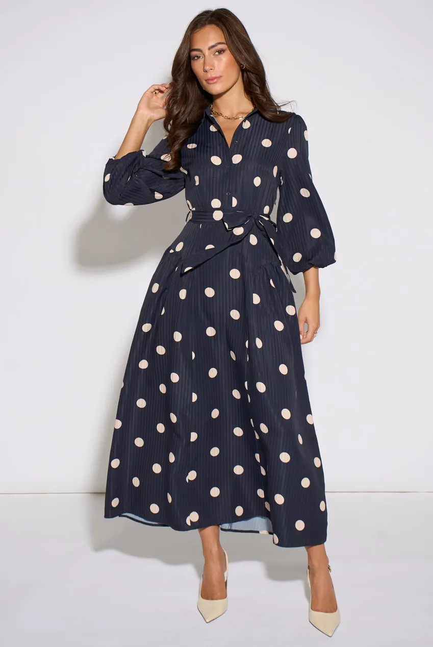 Gini London abito blu navy pois jacquard svasato