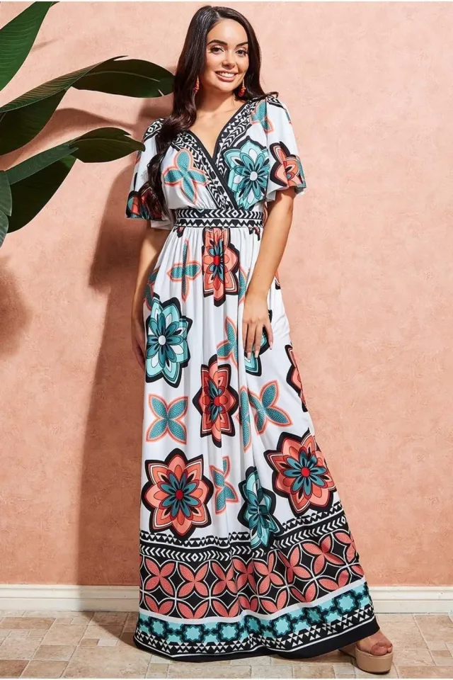 Goddiva DR3608 abito maxi crema fantasia volant