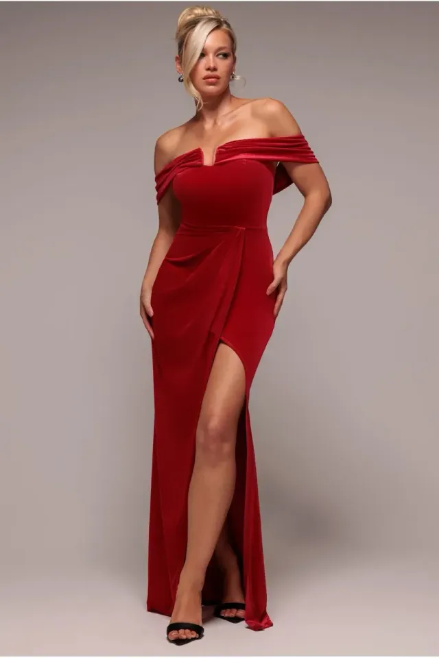 Goddiva velluto abito maxi spalle scoperte rosso