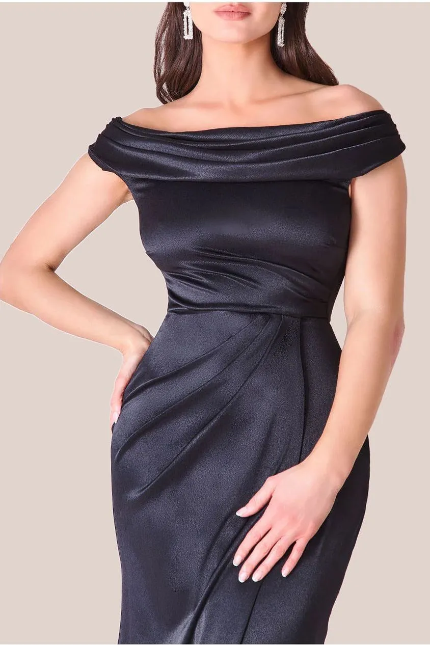 Goddiva Cowl Bardot abito maxi raso nero DR4010