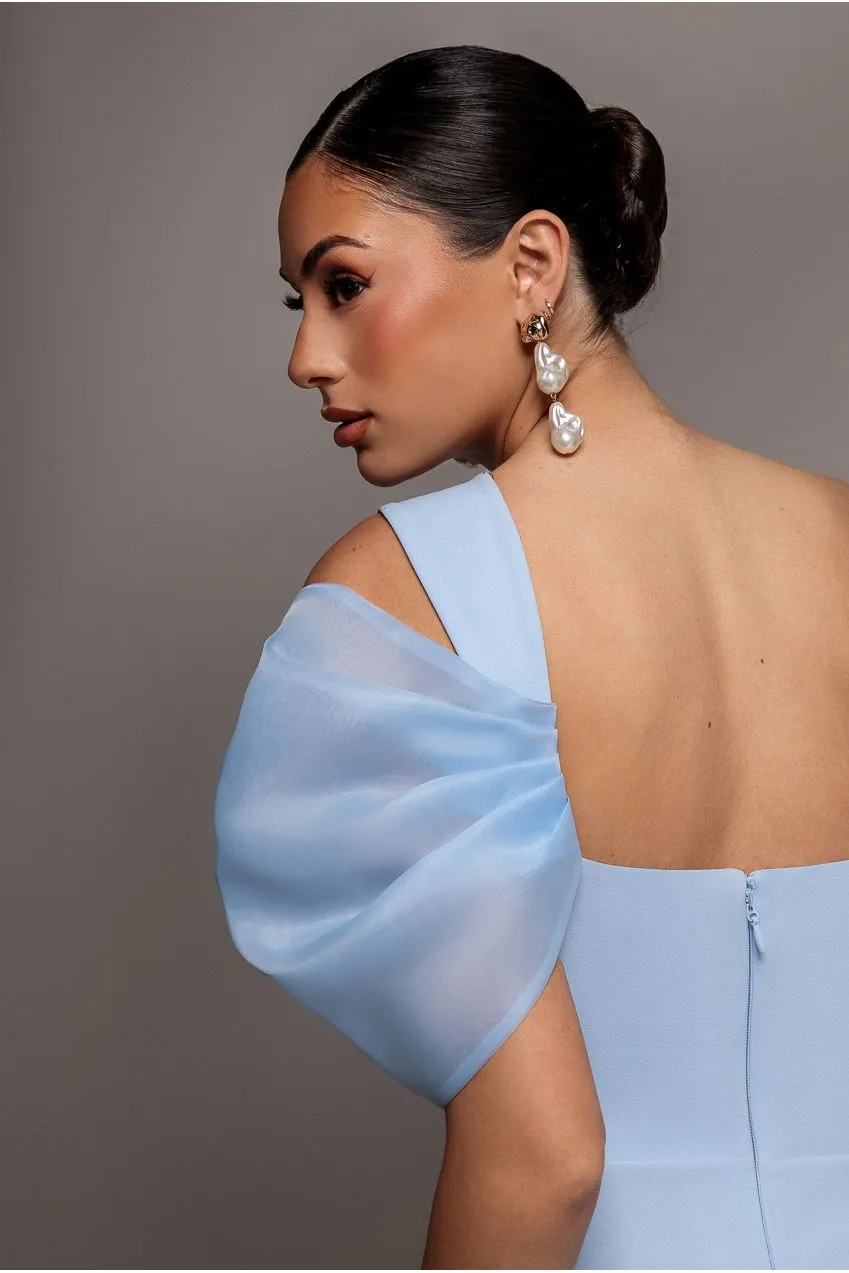 Goddiva Organza Bow abito maxi azzurro monospalla