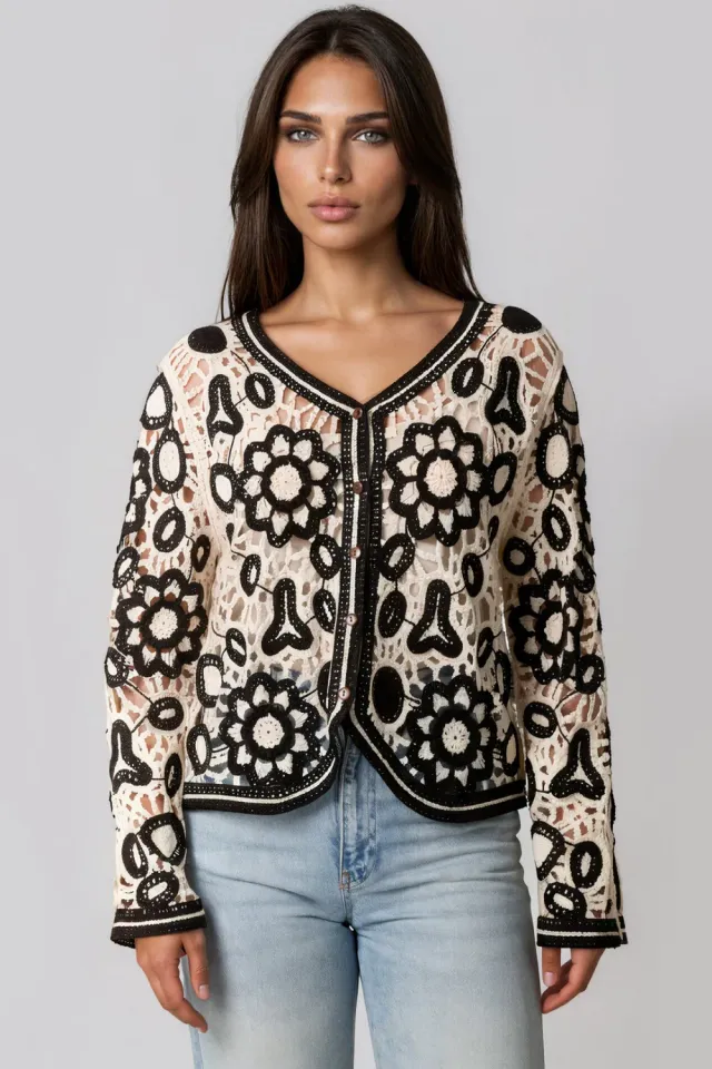 Aftershock London Black Floral Crochet cardigan nero panna S/M