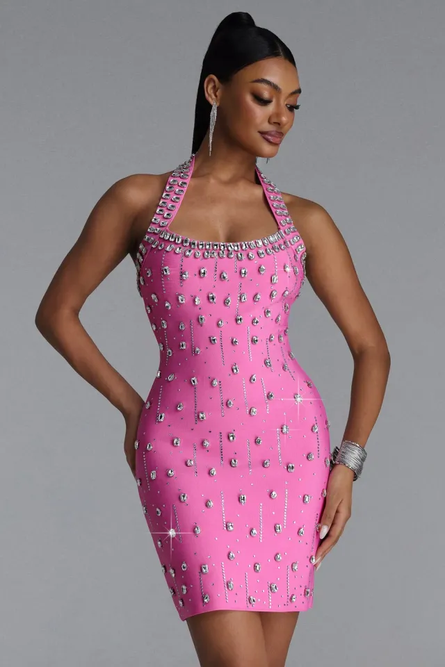 Bella Barnett Manik mini abito rosa strass scollo halter