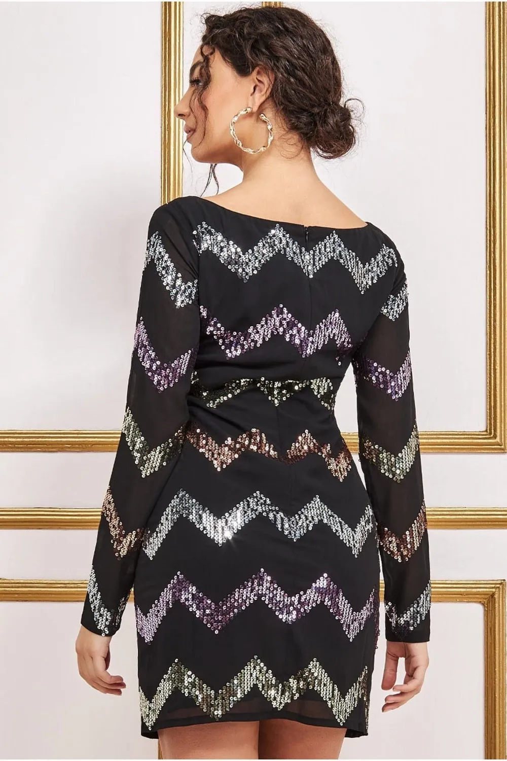 Goddiva Abito Mini Nero Paillettes Zig Zag DR3790 festa