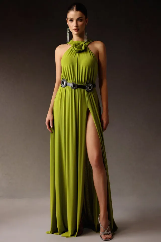 Bella Barnett Naleza abito maxi verde fiori spacco