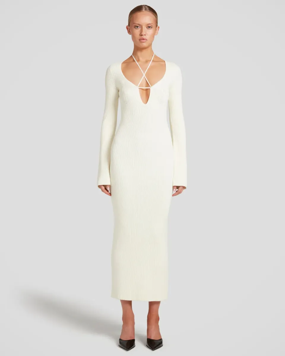 Violante Nessi Cristina abito avorio maglia scollo V midi