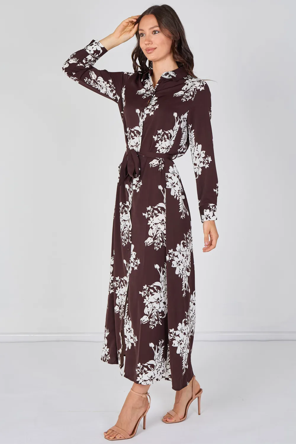 Love Sunshine Floral abito camicia marrone maxi