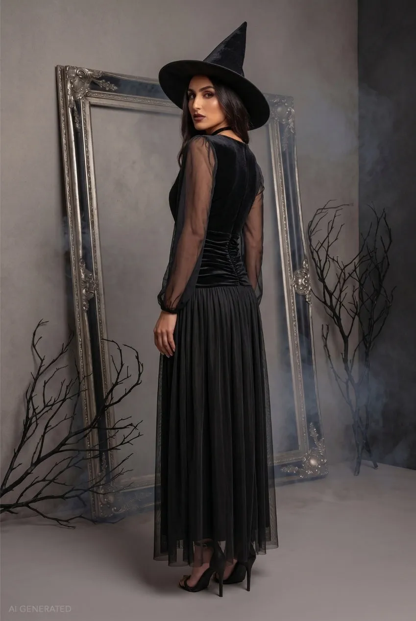 Goddiva Abito Maxi Strega Nero Maniche Trasparenti