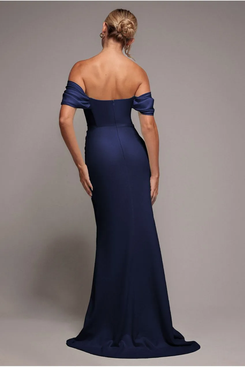 Goddiva Draped Sleeve abito maxi blu navy spalle scoperte