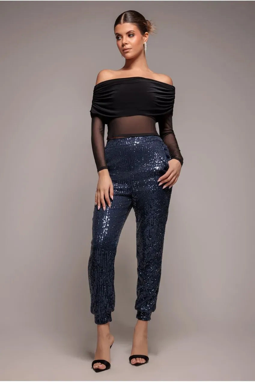 Goddiva Sequin Cuffed Ankle Trouser pantaloni navy paillettes